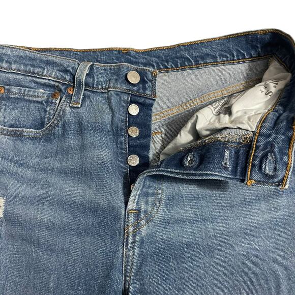 Levis 501 Womens Jeans Size 28 Button Fly Straight Medium Wash Distressed Denim - Picture 3 of 12
